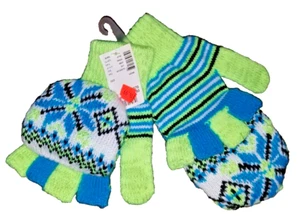 Justice Brand Girls Neon Green Blue fingerless gloves w/ flip over mitten top - Picture 1 of 4