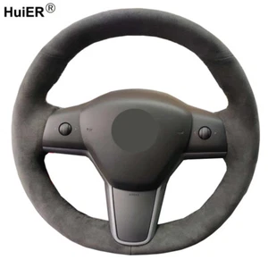DIY Hand Sewing Car Steering Wheel Cover Suede For Tesla Model 3 2017 2018 2019  - Picture 1 of 11