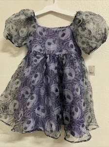 🕷️ Girls' Jack Skellington Halloween Short Puff Sleeve Dress Purple M (8)🆕 - Picture 1 of 8