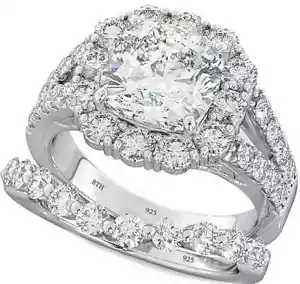 925 Silver Ladies 2 piece Wedding Engagement Cushion Cut Halo Bridal Ring Set  - Picture 1 of 3