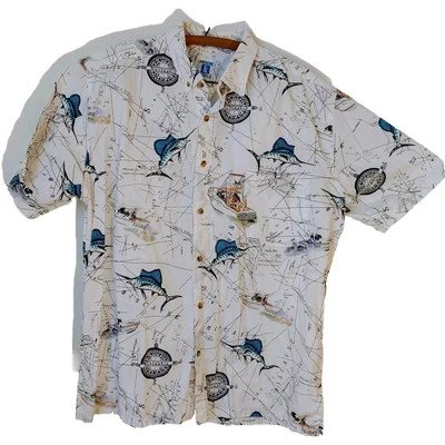 Hook&Tackle Mens Vintage Marlin Fishing Print Button Down Shirt Sz Large Outdoor - Image 1 of 4