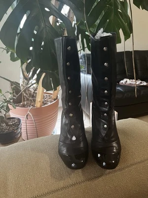 Chanel Black Leather CC Button Up/Snap Heeled Boots AUTHENTIC size 37 Calfskin - Image 1 of 4