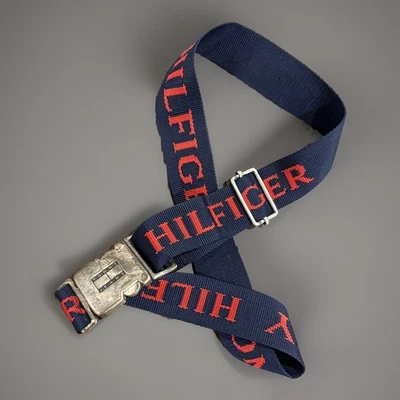 VTG Tommy Hilfiger Belt Webbing Canvas Metal Buckle Spell Out Adjustable Navy - Image 1 of 4