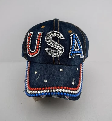 Gorra de béisbol EE. UU. Bling pedrería gorra para mujer correa trasera azul denim ajustable Foto 1 de 4