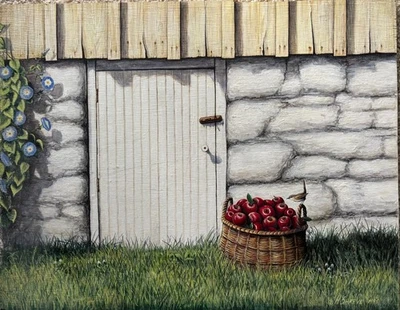 "Fall Harvest" 原创乡村复古绘画 - 现实主义,船上水彩画 — 第 1/4 张图片