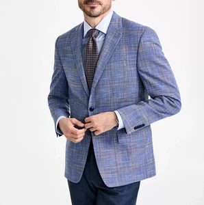 Michael Kors Mens Classic-fit Sport Coat Blazer 40S Blue Rust Plaid E071014 - Picture 1 of 4