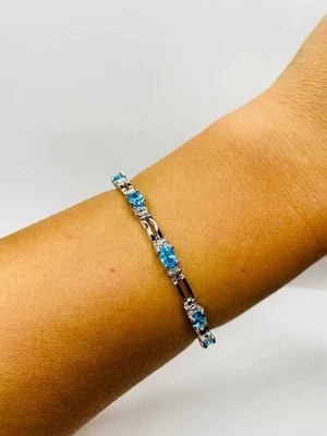 Винтажный браслет из стерлингового серебра с синим апатитом фианитом и несколькими камнями 7 1/4 звеньями 925 - Изображение 1 из 4