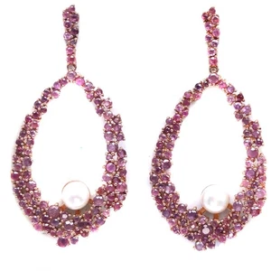 925 Sterling Silver 7 MM. White Pearl & Pink Ruby Thailand Handmade Earrings - Picture 1 of 4