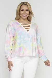 Womens Plus Size Pink and Blue Tie Dye Top 1X V Neck Long Sleeve - Picture 1 of 2