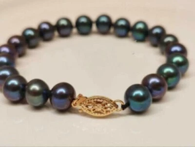 Women's AAA+ 9-10mm black green Tahitian pearl bracelet 7.5-8" 14k yellow gold - Image 1 of 4