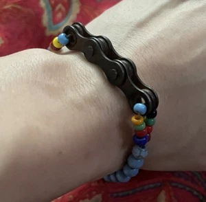 Recycled Bike chain Stone Beaded bracelet Blue Colorful Boho handmade OOAK Craft - Picture 1 of 8
