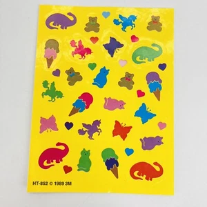 Vintage Sticker Sheet 1989 Ice Cream Cone Cat Butterfly Dinosaur Unicorn Teddy - Picture 1 of 5
