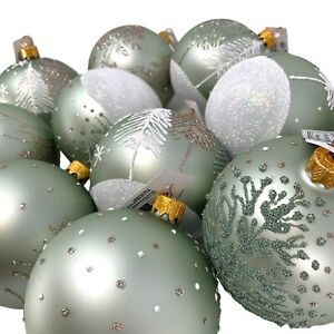 3 Inch Green & White Various Tree Design Glass Christmas Ball Ornaments 12 Piece