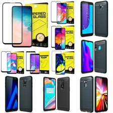 Mobile phone case carbon style silicone cover case black + option protection glass film 9H