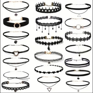 20-Piece Gothic Black Choker Necklace Set, Adjustable Lace & Pendant Jewelry - Picture 1 of 6