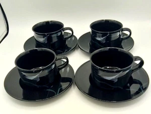 Mikasa Opus Black FK701 Tea Coffee Cups Mugs 8oz W/saucers 6.5” Set of 4 - Picture 1 of 10