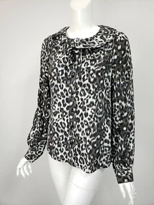KATE SPADE White Gray Black Cheetah Print Silk Ruffled Tie Neck Button Shirt 4 - Picture 1 of 6
