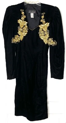 Vestido ALEX EVENINGS 2 piezas Negro Terciopelo Cuentas Lentejuelas Floral Adornado + Chaqueta 8 Foto 1 de 4