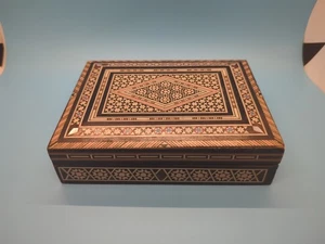 Vintage Intarsien Schmuck Aufbewahrungsbox aufwendige Intarsien Holz Perlmutt - Bild 1 von 8