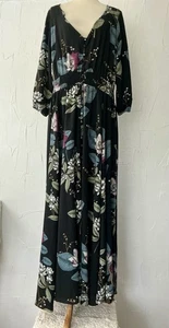City Chic Long Black Blue Pink Floral Maxi Dress Long Sleeves Stretchy Size L/20 - Picture 1 of 24