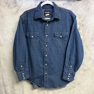 Vintage Wrangler Denim Pearl Snap Shirt Mens 16.5x34 Blue Western Cowboy 70127MW - Picture 1 of 8