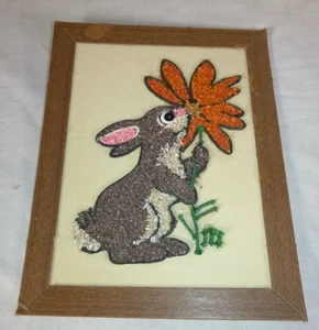 Vtg 60s Bunny Rabbit with Flower Gravel Art Picture Kitschy Cute! 7.25" x 9" - Picture 1 of 7