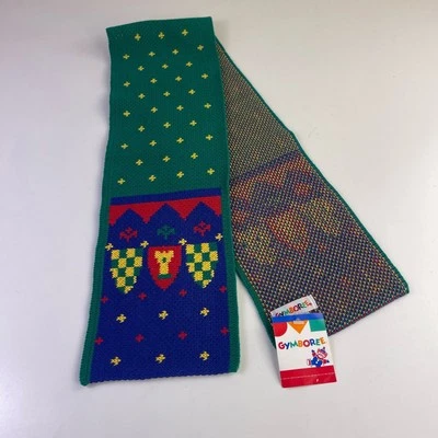 Gymboree Vintage 1993 Medieval Verde Azul Rojo Castillo Escudo Cresta Tejido Bufanda NUEVO - Imagen 1 de 4