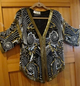 Vtg glass Beaded Sequins Pearl Cocktail Blouse Front V Opening11" Sleeve OneSize - Picture 1 of 24