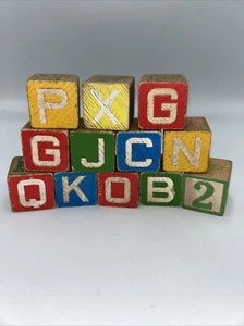 12 Vintage Wooden Children's Building Blocks Alphabet/Pictures Room Decor - Picture 1 of 2