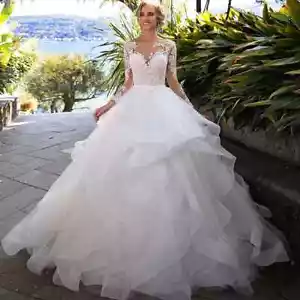 Tulle Wedding Dresses A Line Full Sleeves Sexy Backless Applique Bridal Gowns - Picture 1 of 7