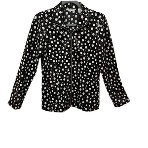 Laura Ashley Jacket Women's Sz Small Black & White Polka Dot Shimmer Zip Up - Picture 1 of 12