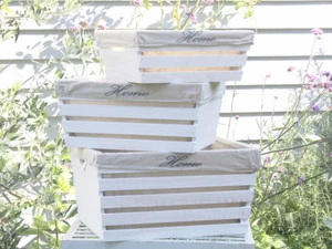 WHITE LINEN BASKET 3 WOODEN CRATE BOXES STORAGE HOME DECOR PARTY CHRISTMAS - Foto 1 di 7