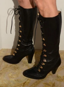 Michael Kors Women's Knee High Black Leather Lace Up Boots Sz 9.5M - Picture 1 of 11
