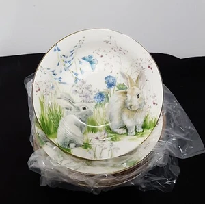 NEW RARE Williams Sonoma S/4 Floral Meadow Bunny Soup Bowls 9"d Easter NIB - Picture 1 of 7