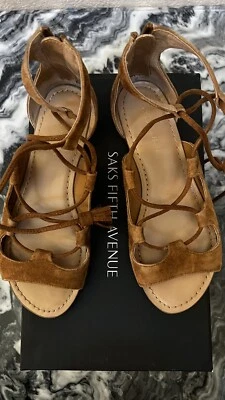 SAKS FIFTH AVENUE Size 5M Suede Leather Strappy Gladiator Sandals Ankle Tie - Image 1 of 4