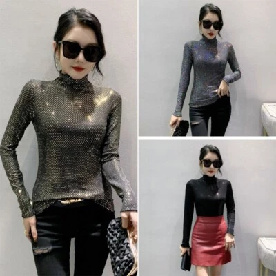 Lady Sequin Top Shiny Mock Neck Shirt Glitter Pullover Undershirt Party Clubwear - Image 1 of 4