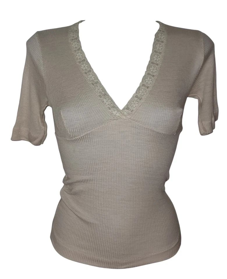 Vtg Y2K Womens Bella Swan Henley Top Sz S Ribbed Lace Floral Fairy Coquette  - Image 1 of 2