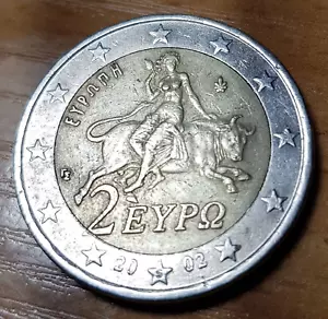 GREECE 2002 2 EURO = S = COIN (ZEUS RE-EMBODIED IN THE BULL STEALS EUROPE) - Picture 1 of 1