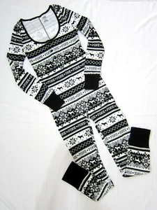 Victoria Secret Pink 100 COTTON Black Fairisle Snowflake ONE PIECE PAJAMAS S M L - Picture 1 of 5
