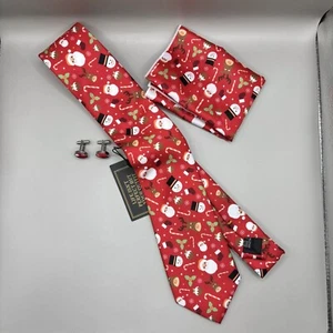 DiBanGu Christmas Men's Necktie, Handkerchief, Cufflink set Santa/Reindeer New - Picture 1 of 13