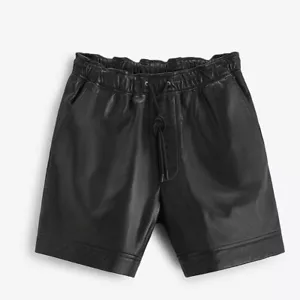 100% Vera Pelle Coulisse IN Vita Shotrs Per Uomo - Nero Pantaloncini da Uomo - Foto 1 di 6