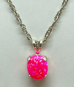 Necklace Hot Pink Opal on 18" Silver Tone Twist Chain - Picture 1 of 9