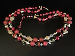 Collana Vintage Giappone Firmata AB Cristallo Oro Rosso e Vetro Perline Doppio 2 Fili - Foto 1 di 4