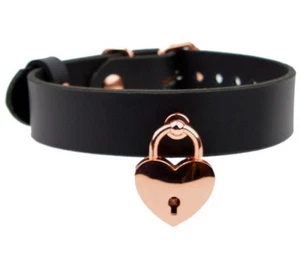 AURUM Deluxe Leather Padlocked Black & Rose Gold collar Col25RgPl - Picture 1 of 2