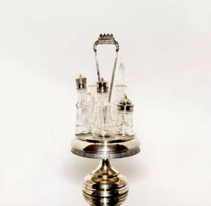 Antique Victorian Etched Glass Cruets on Silver Plated Pedestal Carrier 1800s - Picture 1 of 6