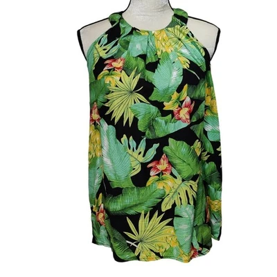 Nicole Miller Sz M Tropical Linen Blend Halter Tank Top Black Green Botanical - Image 1 of 4