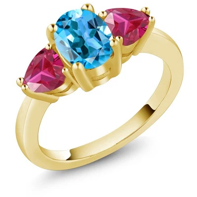 2.36 Ct  Swiss Blue Topaz Red Created Ruby 18K Yellow Gold Plated Silver Ring Foto 1 de 4