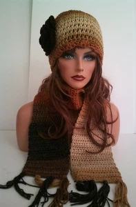 NEW BROWN MULTI COLORED FLOWER HAT AND SCARF SET HAND MADE BEANIE SKULL CAP - Picture 1 of 6