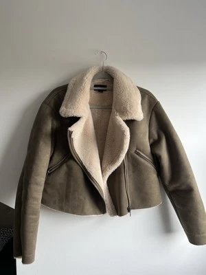 Misspap Aviator Jacket – Teddy Faux Shearling – Khaki – Size 8 - Image 1 of 3