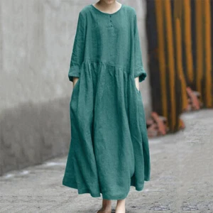 Womens Long Sleeve Cotton Linen Dress Casual Loose Ladies Kaftan Dress Plus Size - Picture 1 of 10